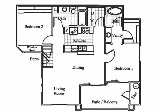 2 bedroom 2 bathroom floor plan at Silverbell Springs Apartments in Tucson, AZ